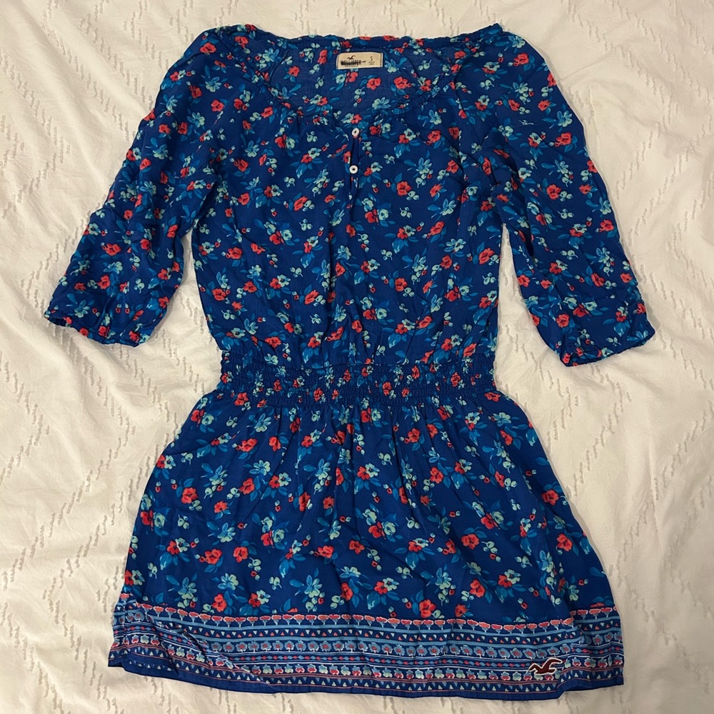 Hollister Women’s Blue Floral Half Sleeve Boho Dress Small Smocked Waistband